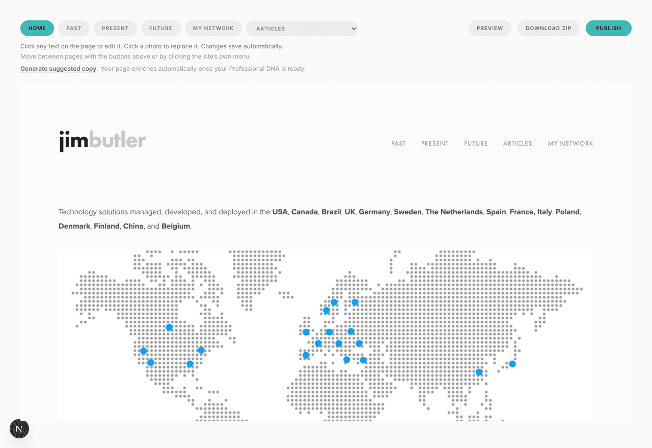 The Web Presence editor, with a client's published site previewed inside it